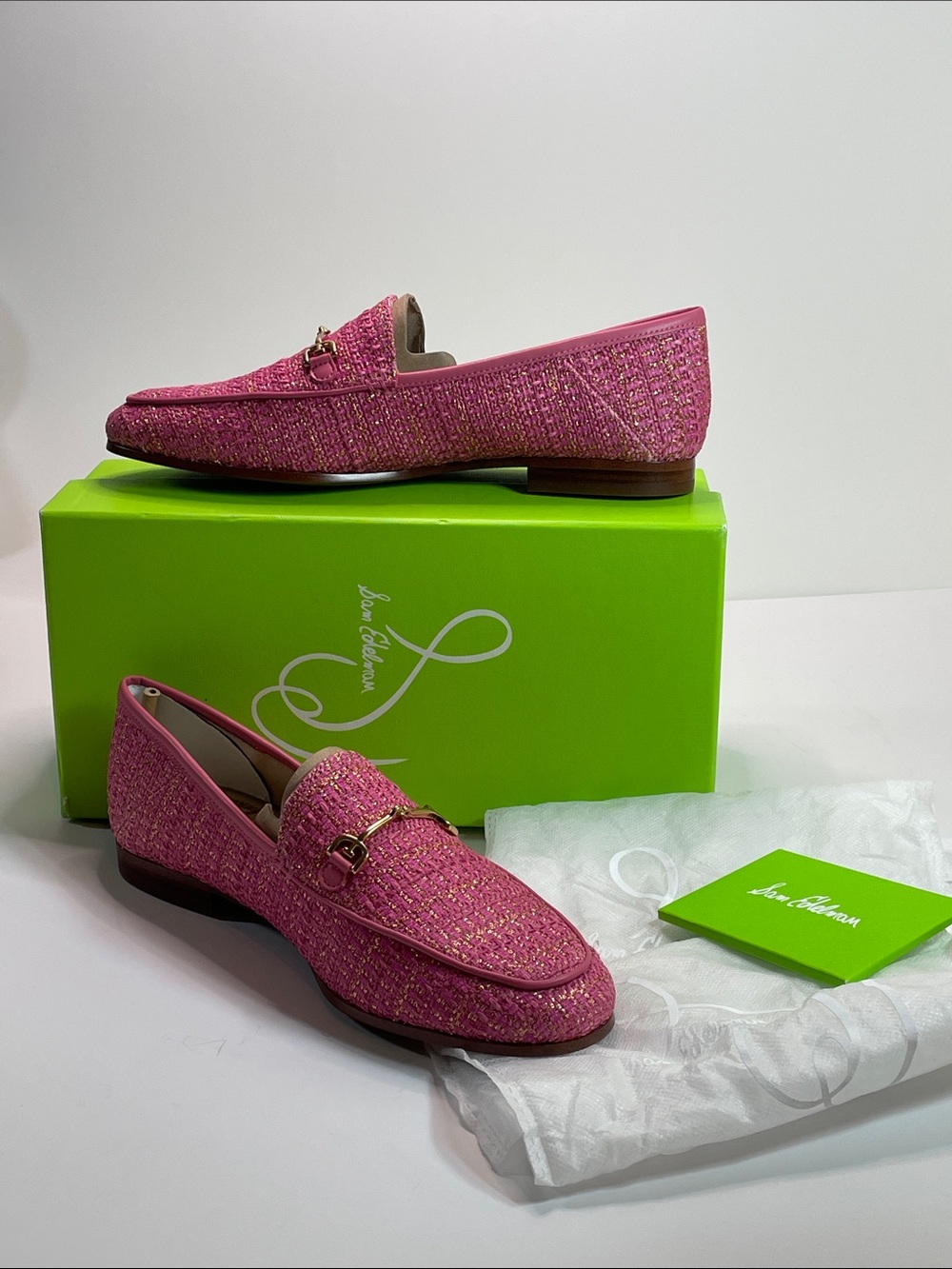Sam Edelman Loraine Pink Tweed Loafers with Gold Horsebit size 7M